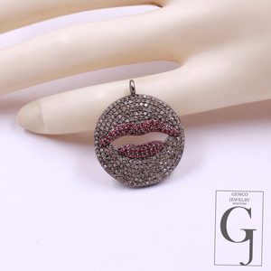 Ruby Lips Pendant With Rosecut Pave Diamonds - 925 Sterling Silver Handmade Pendant Jewelry For Her