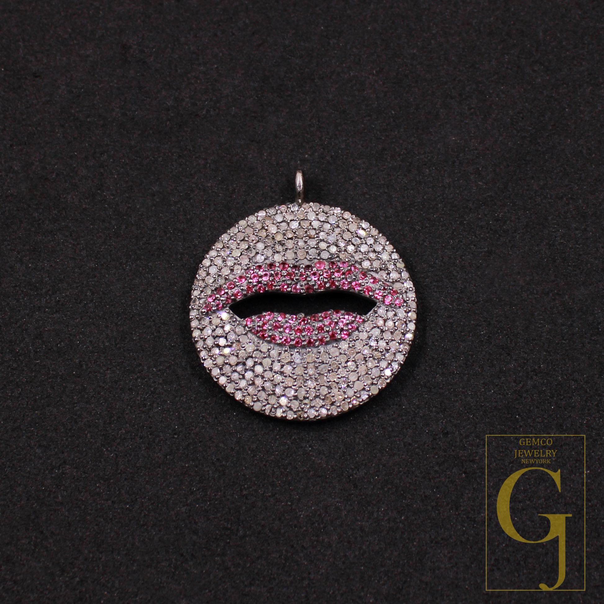 Ruby Lips Pendant With Rosecut Pave Diamonds - 925 Sterling Silver Handmade Pendant Jewelry For Her
