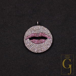 Ruby Lips Pendant With Rosecut Pave Diamonds - 925 Sterling Silver Handmade Pendant Jewelry For Her