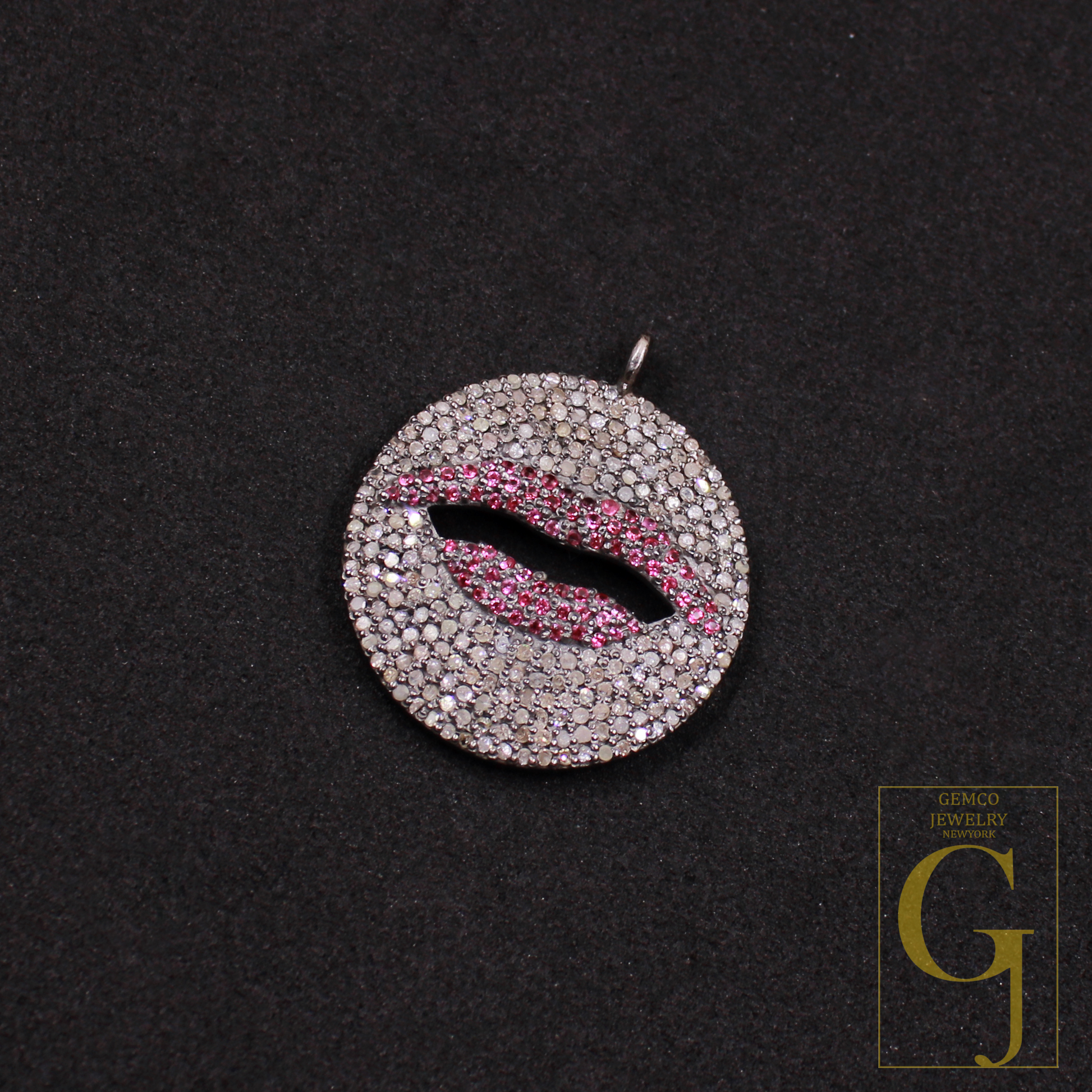 Ruby Lips Pendant With Rosecut Pave Diamonds - 925 Sterling Silver Handmade Pendant Jewelry For Her