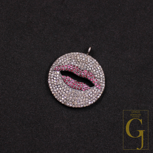 Ruby Lips Pendant With Rosecut Pave Diamonds - 925 Sterling Silver Handmade Pendant Jewelry For Her