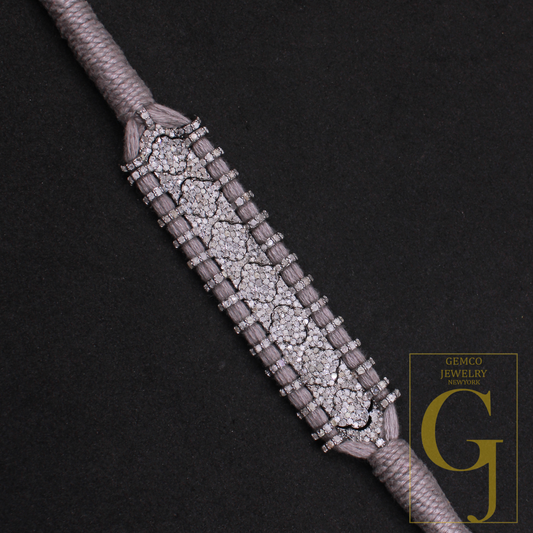 Natural Pave Diamond Gray Thread Bracelet - 925 Sterling Silver Handmade Finish Jewelry Gift For Her
