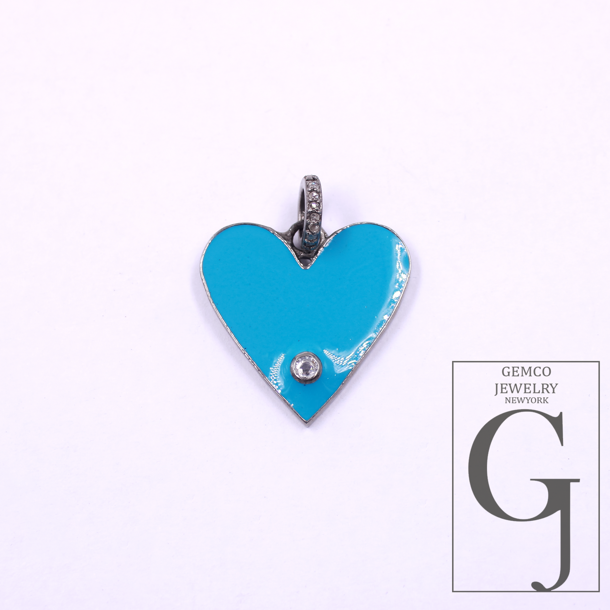 Blue Enamel Heart Shape Pendant With Natural Diamond In 925 Sterling Silver Handmade Finish Pendant For Everyday Wear