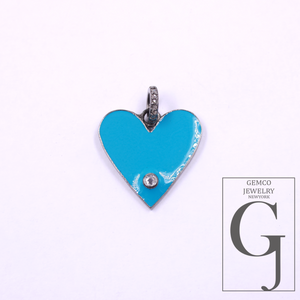 Blue Enamel Heart Shape Pendant With Natural Diamond In 925 Sterling Silver Handmade Finish Pendant For Everyday Wear
