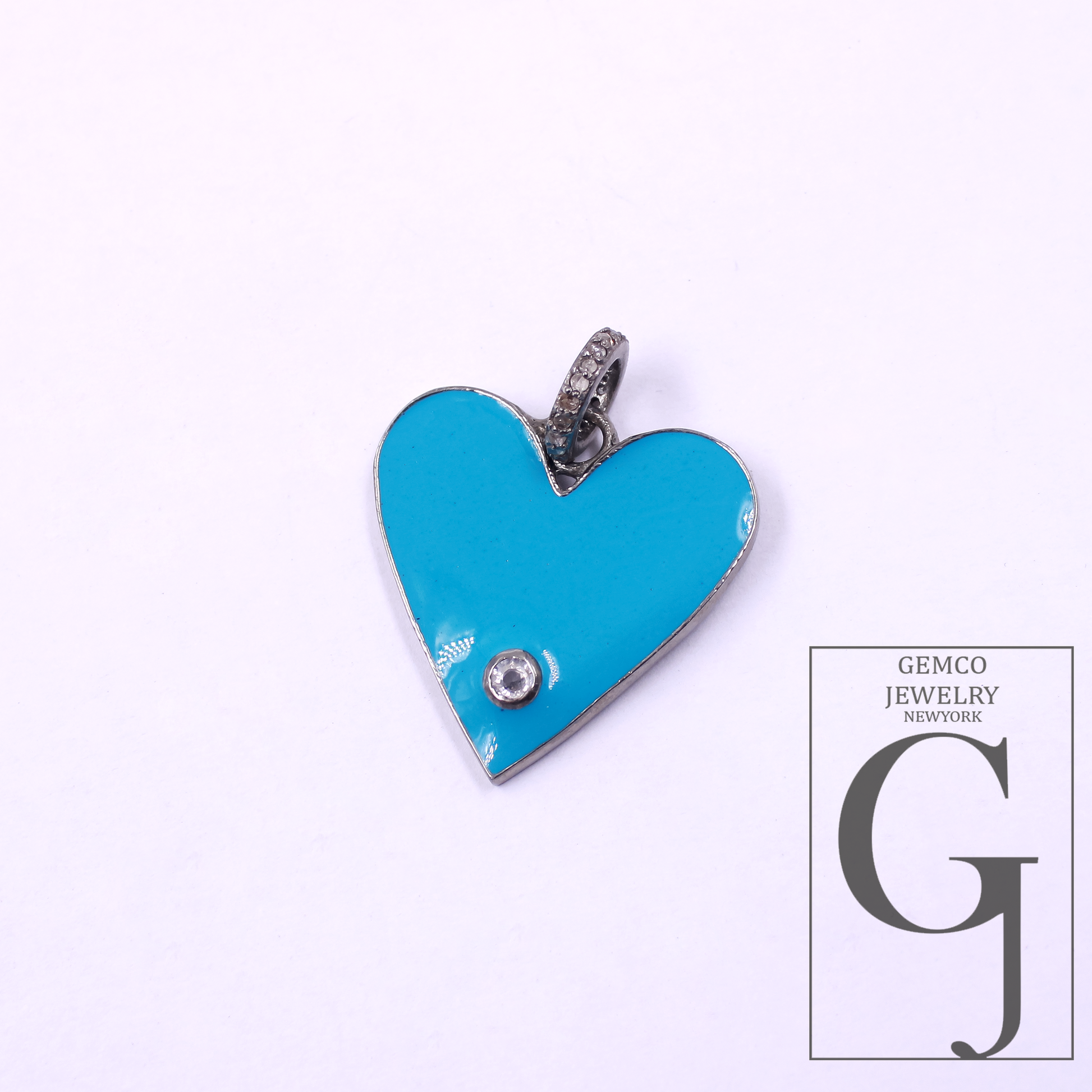 Blue Enamel Heart Shape Pendant With Natural Diamond In 925 Sterling Silver Handmade Finish Pendant For Everyday Wear