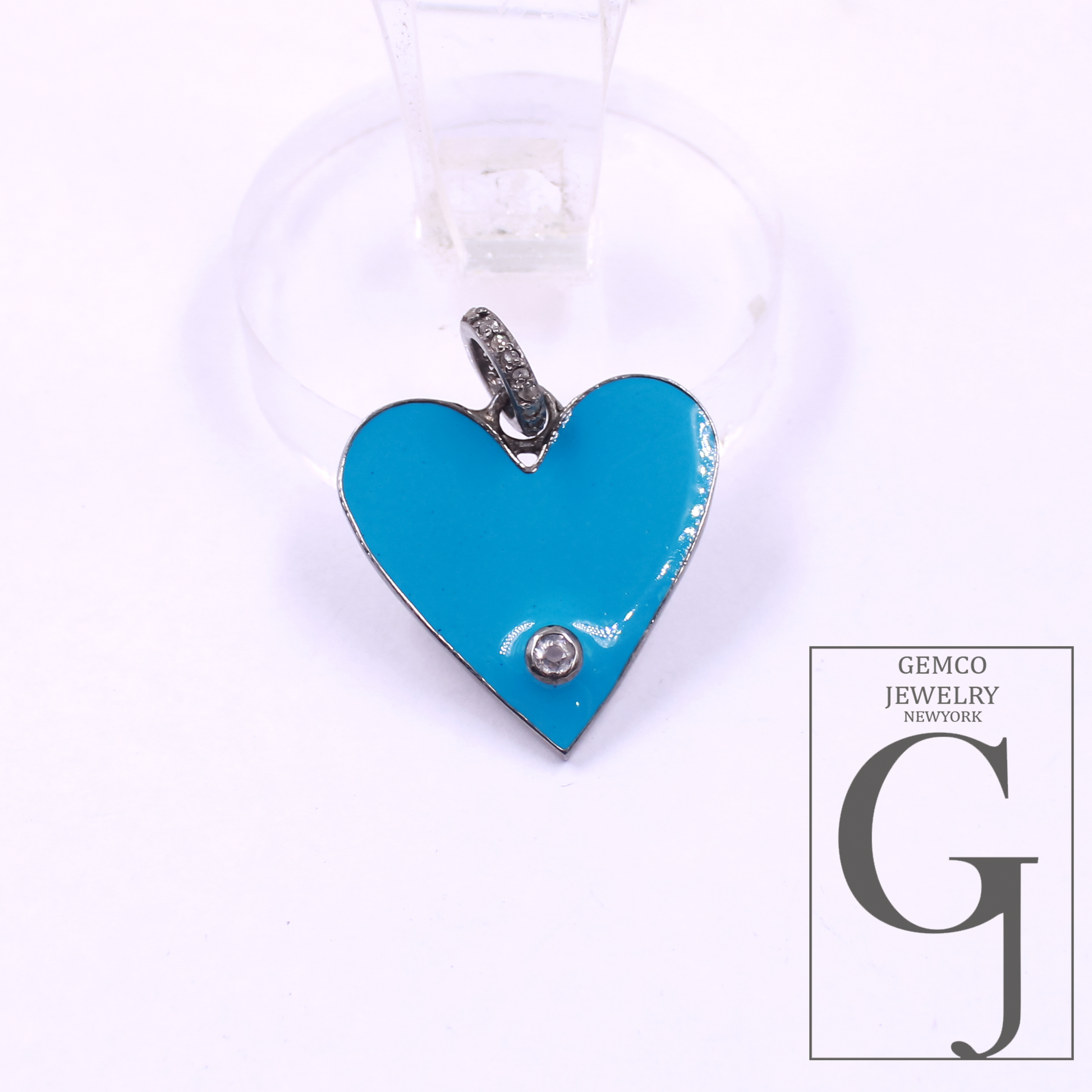 Blue Enamel Heart Shape Pendant With Natural Diamond In 925 Sterling Silver Handmade Finish Pendant For Everyday Wear