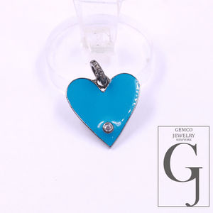 Blue Enamel Heart Shape Pendant With Natural Diamond In 925 Sterling Silver Handmade Finish Pendant For Everyday Wear