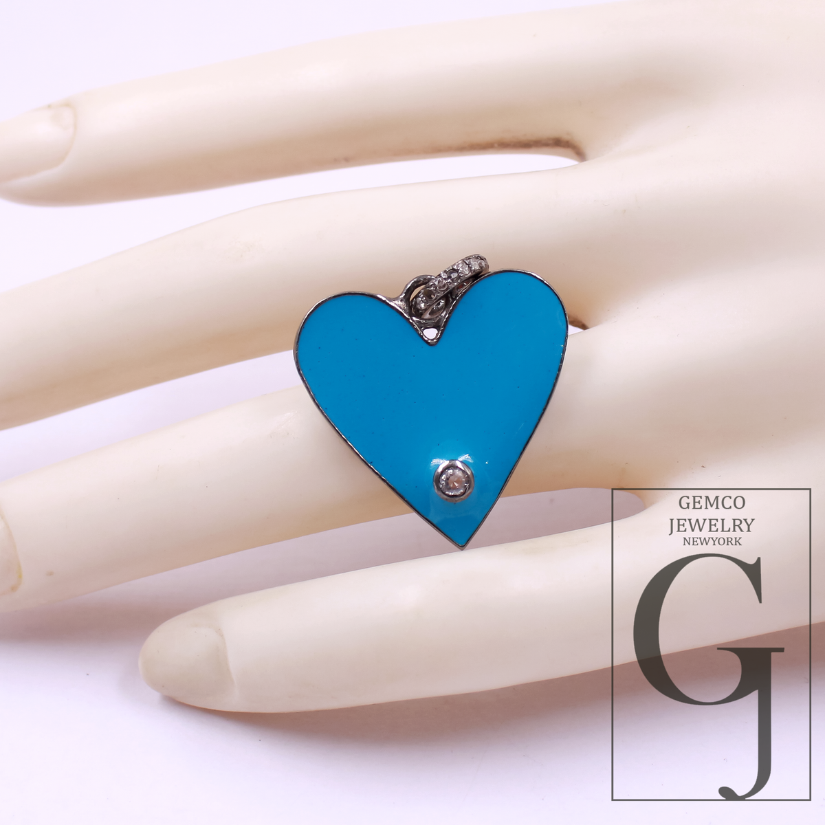 Blue Enamel Heart Shape Pendant With Natural Diamond In 925 Sterling Silver Handmade Finish Pendant For Everyday Wear