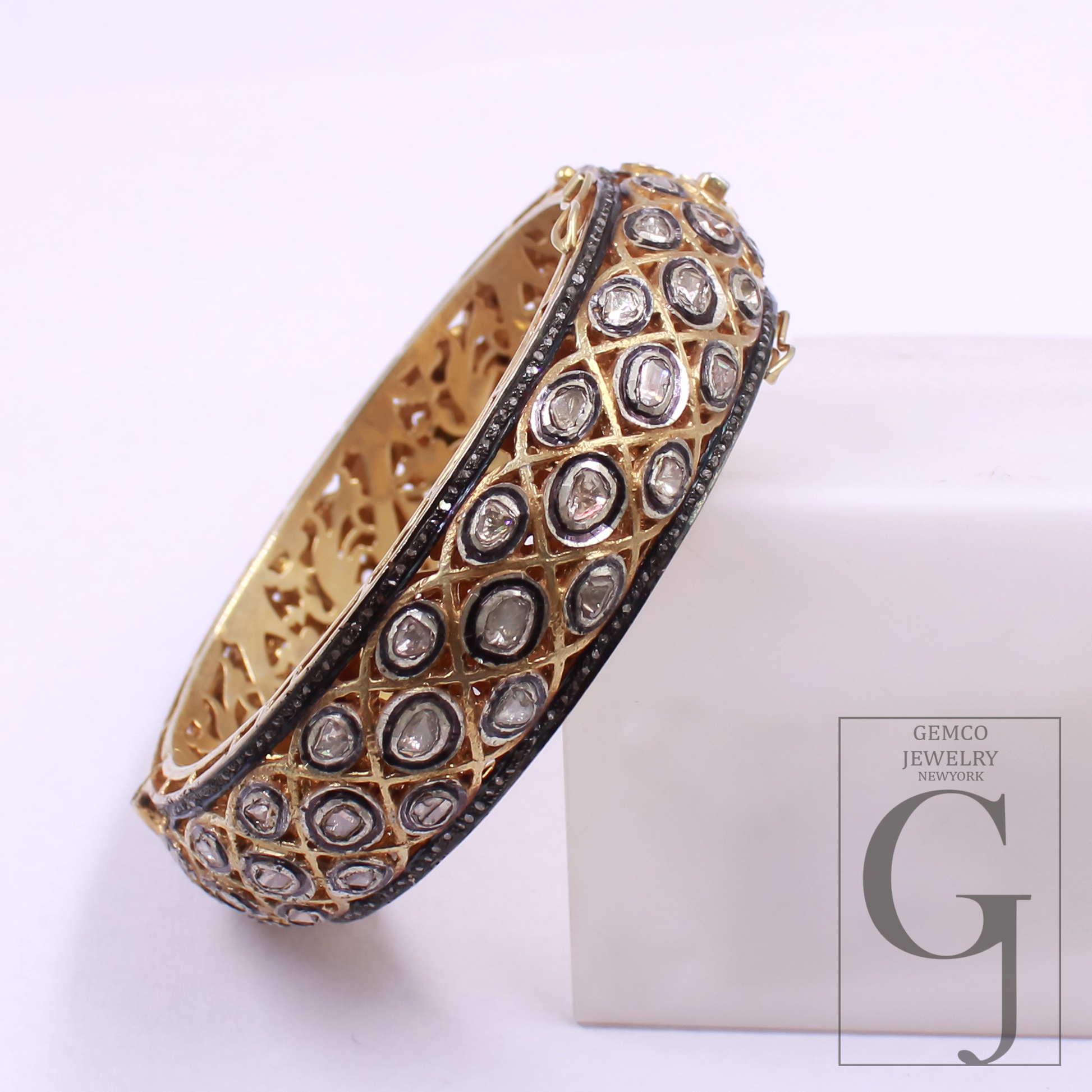 Natural Polki Diamond Bangle Bracelet With Pave Diamond - Vermeil Gold 925 Sterling Silver Handmade Diamond Jewelry Gift For Her