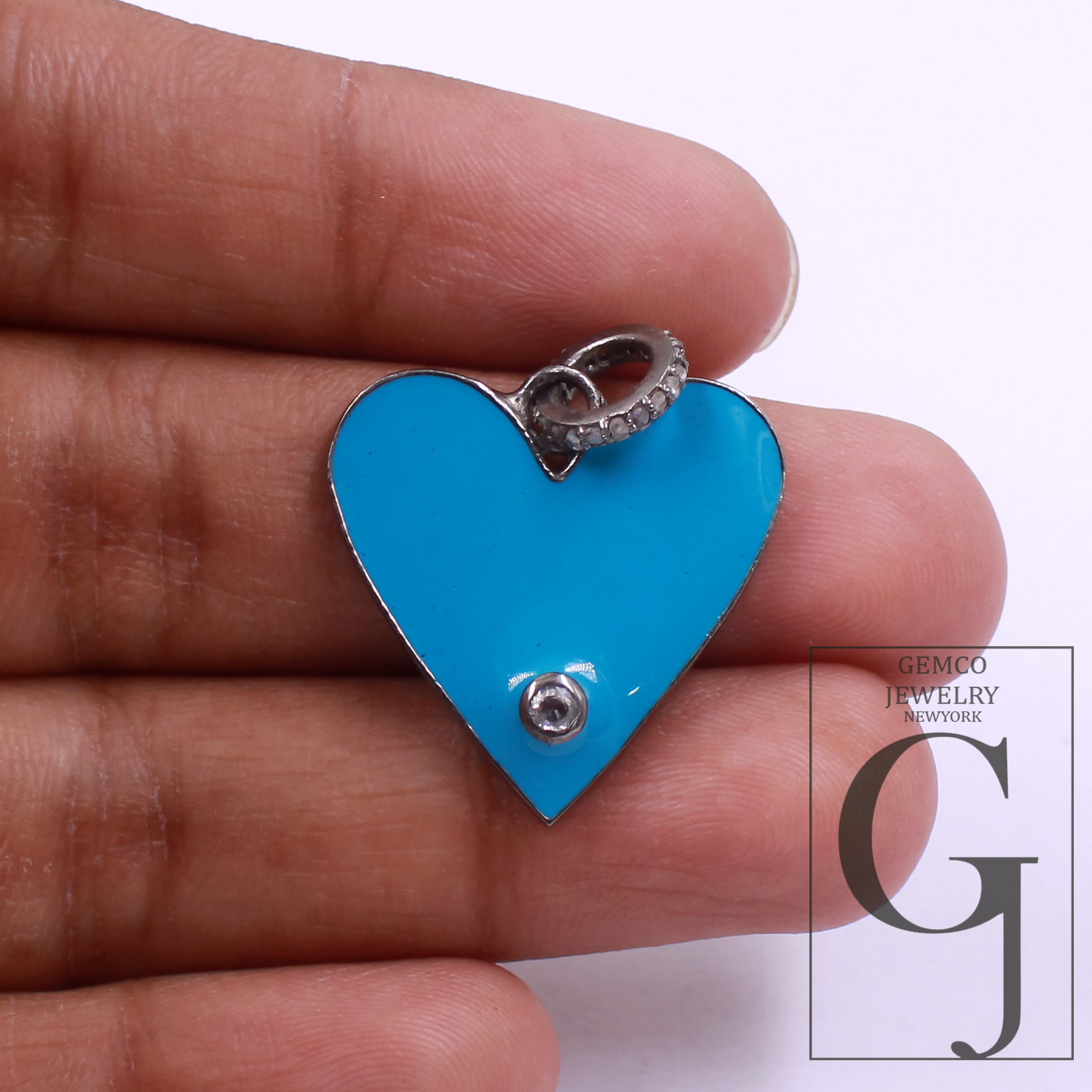 Blue Enamel Heart Shape Pendant With Natural Diamond In 925 Sterling Silver Handmade Finish Pendant For Everyday Wear