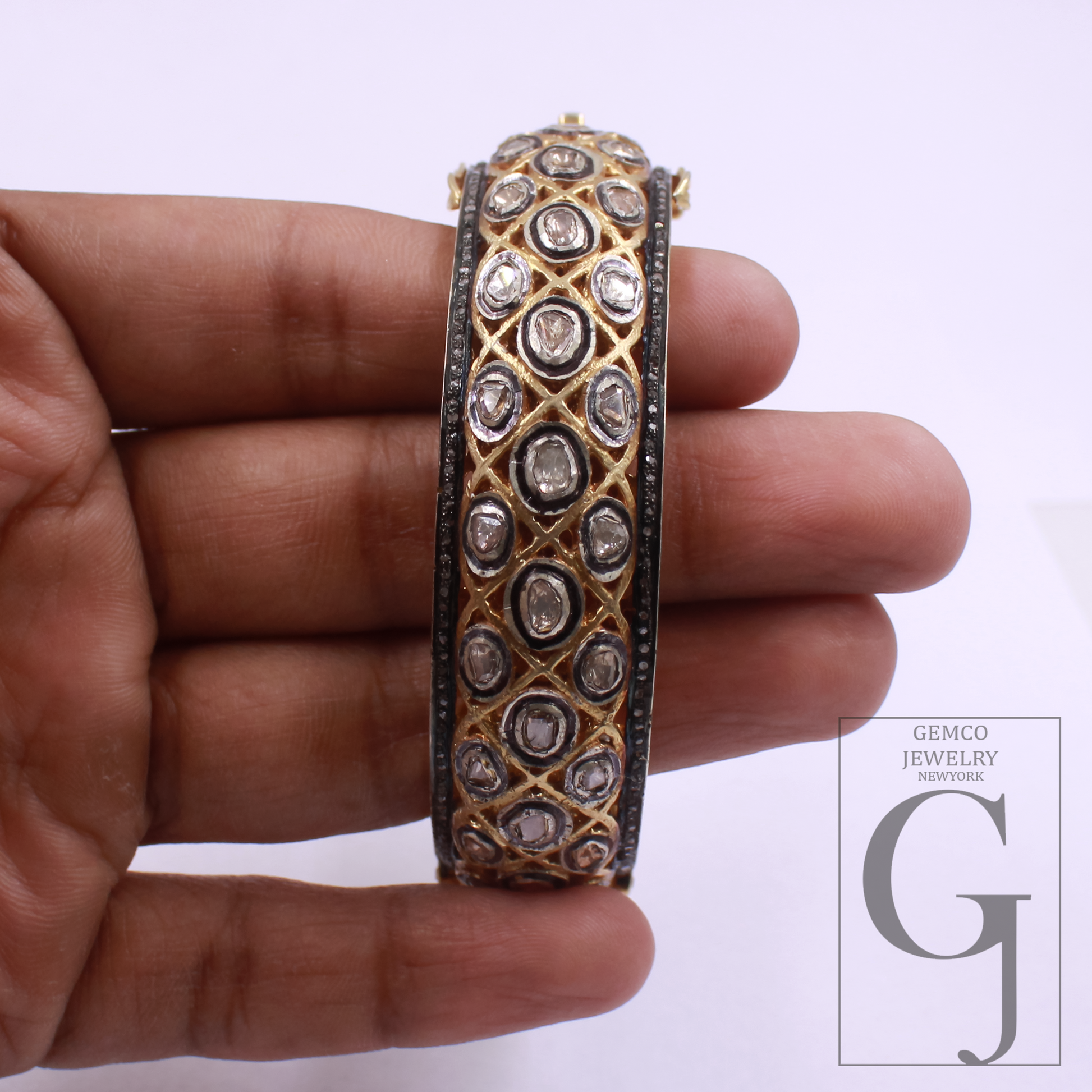 Natural Polki Diamond Bangle Bracelet With Pave Diamond - Vermeil Gold 925 Sterling Silver Handmade Diamond Jewelry Gift For Her