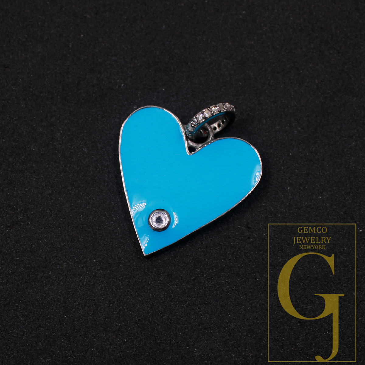 Blue Enamel Heart Shape Pendant With Natural Diamond In 925 Sterling Silver Handmade Finish Pendant For Everyday Wear