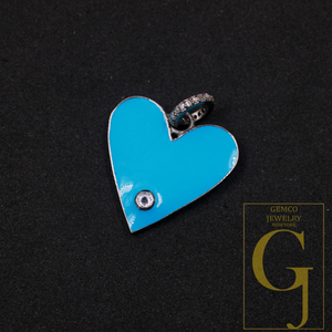 Blue Enamel Heart Shape Pendant With Natural Diamond In 925 Sterling Silver Handmade Finish Pendant For Everyday Wear