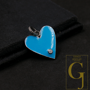 Blue Enamel Heart Shape Pendant With Natural Diamond In 925 Sterling Silver Handmade Finish Pendant For Everyday Wear