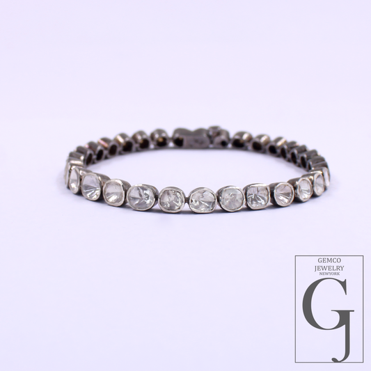 Natural Diamond Polki Bracelet In 925 Sterling Silver Handmade Designer Polki Bracelet For Everyday Wear