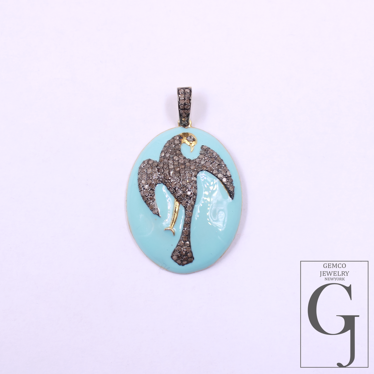 Turquoise Enamel Phoenix Pendant With Pave Diamonds - 925 Sterling Silver Handmade Finish Bird Jewelry