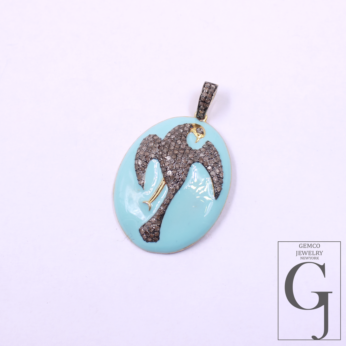 Turquoise Enamel Phoenix Pendant With Pave Diamonds - 925 Sterling Silver Handmade Finish Bird Jewelry