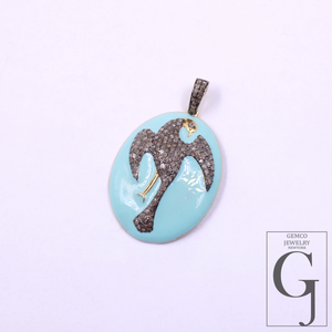 Turquoise Enamel Phoenix Pendant With Pave Diamonds - 925 Sterling Silver Handmade Finish Bird Jewelry