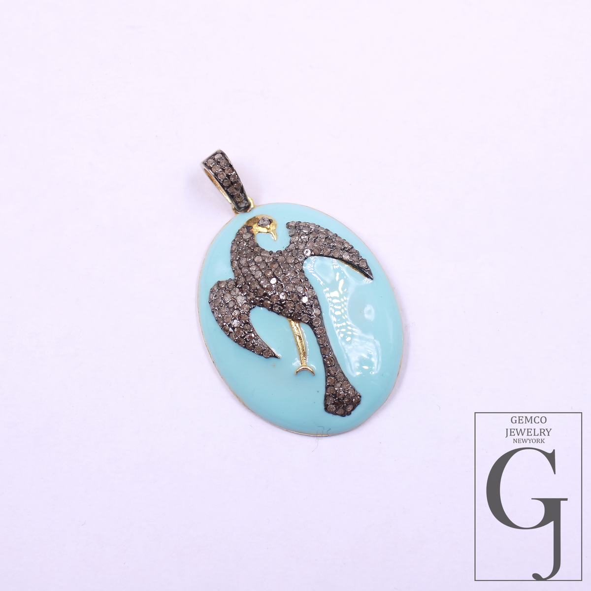 Turquoise Enamel Phoenix Pendant With Pave Diamonds - 925 Sterling Silver Handmade Finish Bird Jewelry