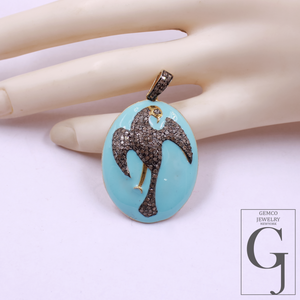 Turquoise Enamel Phoenix Pendant With Pave Diamonds - 925 Sterling Silver Handmade Finish Bird Jewelry