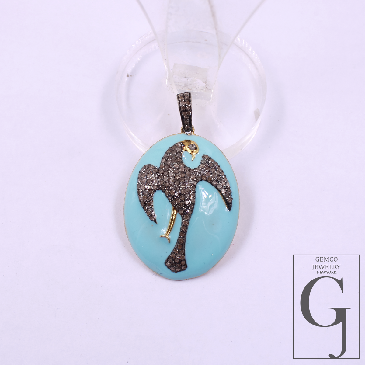 Turquoise Enamel Phoenix Pendant With Pave Diamonds - 925 Sterling Silver Handmade Finish Bird Jewelry