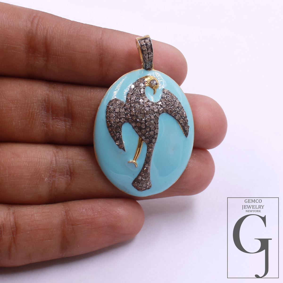Turquoise Enamel Phoenix Pendant With Pave Diamonds - 925 Sterling Silver Handmade Finish Bird Jewelry