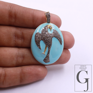 Turquoise Enamel Phoenix Pendant With Pave Diamonds - 925 Sterling Silver Handmade Finish Bird Jewelry