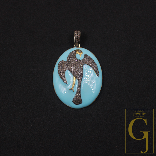 Turquoise Enamel Phoenix Pendant With Pave Diamonds - 925 Sterling Silver Handmade Finish Bird Jewelry