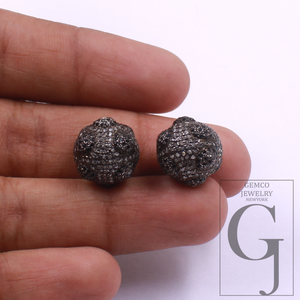 Natural Pave Diamond Beads With Black Diamond - 925 Sterling Silver Handmade Diamond Beads For Jewelry Supplies