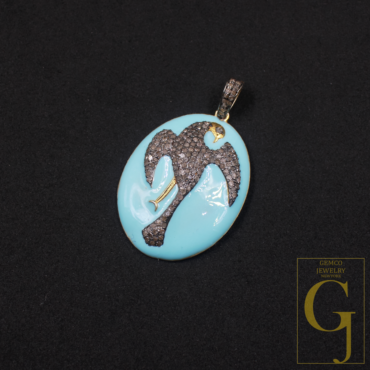 Turquoise Enamel Phoenix Pendant With Pave Diamonds - 925 Sterling Silver Handmade Finish Bird Jewelry