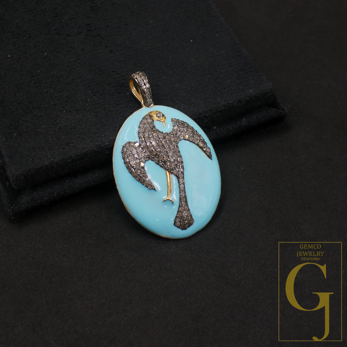 Turquoise Enamel Phoenix Pendant With Pave Diamonds - 925 Sterling Silver Handmade Finish Bird Jewelry
