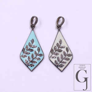 Enamel Leaf Pendant With Pave Diamonds- 925 Sterling Silver Handmade Finish Enamel Jewelry For Her