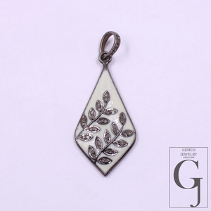 Enamel Leaf Pendant With Pave Diamonds- 925 Sterling Silver Handmade Finish Enamel Jewelry For Her
