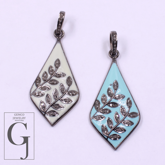 Enamel Leaf Pendant With Pave Diamonds- 925 Sterling Silver Handmade Finish Enamel Jewelry For Her