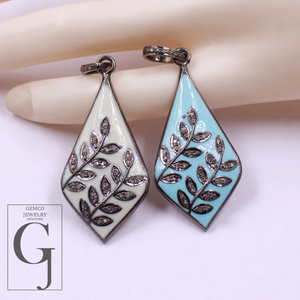 Enamel Leaf Pendant With Pave Diamonds- 925 Sterling Silver Handmade Finish Enamel Jewelry For Her