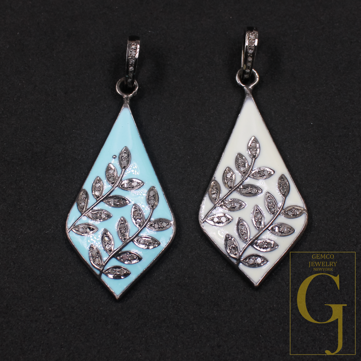 Enamel Leaf Pendant With Pave Diamonds- 925 Sterling Silver Handmade Finish Enamel Jewelry For Her