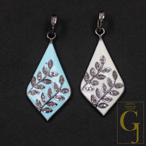 Enamel Leaf Pendant With Pave Diamonds- 925 Sterling Silver Handmade Finish Enamel Jewelry For Her