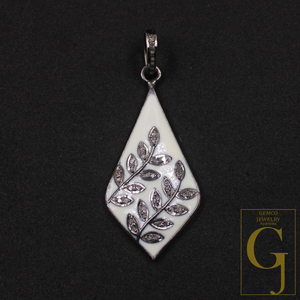 Enamel Leaf Pendant With Pave Diamonds- 925 Sterling Silver Handmade Finish Enamel Jewelry For Her
