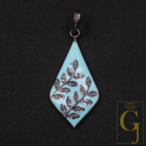 Enamel Leaf Pendant With Pave Diamonds- 925 Sterling Silver Handmade Finish Enamel Jewelry For Her