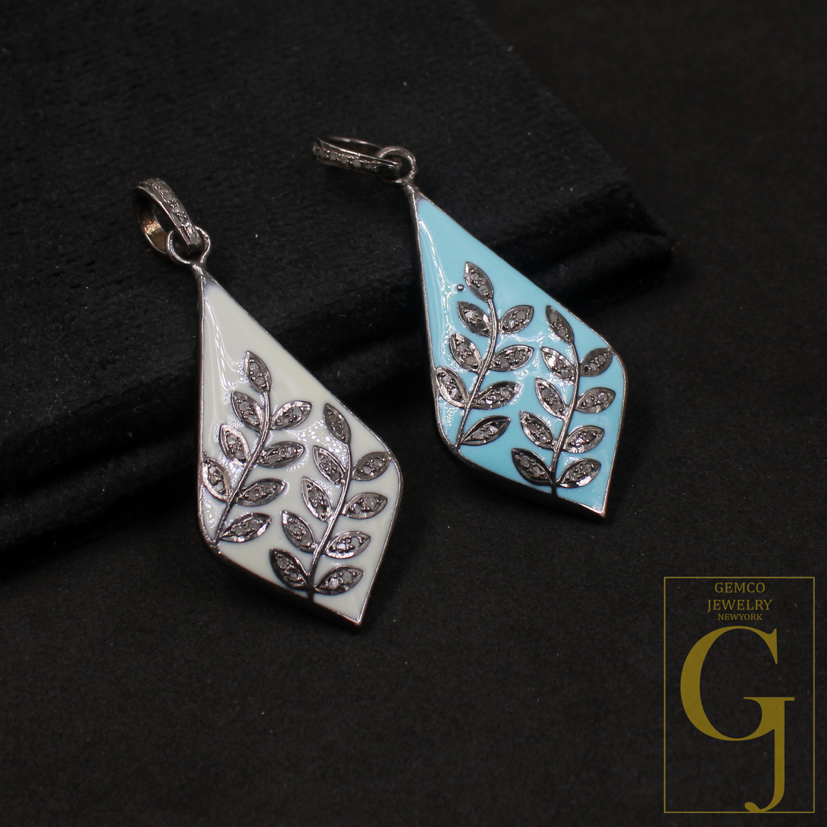 Enamel Leaf Pendant With Pave Diamonds- 925 Sterling Silver Handmade Finish Enamel Jewelry For Her