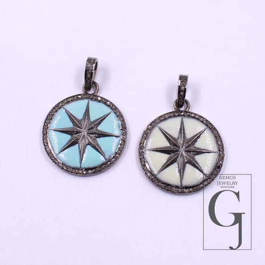 Designer Enamel Star Pendant With Pave Diamonds - 925 Sterling Silver Handmade Finish Pendant For Her