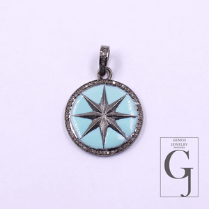 Designer Enamel Star Pendant With Pave Diamonds - 925 Sterling Silver Handmade Finish Pendant For Her