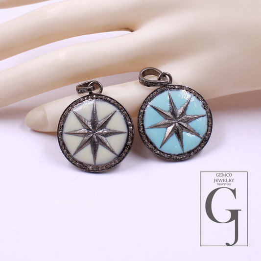 Designer Enamel Star Pendant With Pave Diamonds - 925 Sterling Silver Handmade Finish Pendant For Her