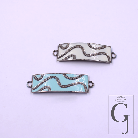 Designer Enamel Connector With Pave Diamonds - 925 Sterling Silver Handmade Finish For Jewelry Supplies