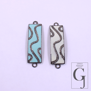 Designer Enamel Connector With Pave Diamonds - 925 Sterling Silver Handmade Finish For Jewelry Supplies