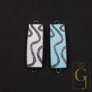 Designer Enamel Connector With Pave Diamonds - 925 Sterling Silver Handmade Finish For Jewelry Supplies