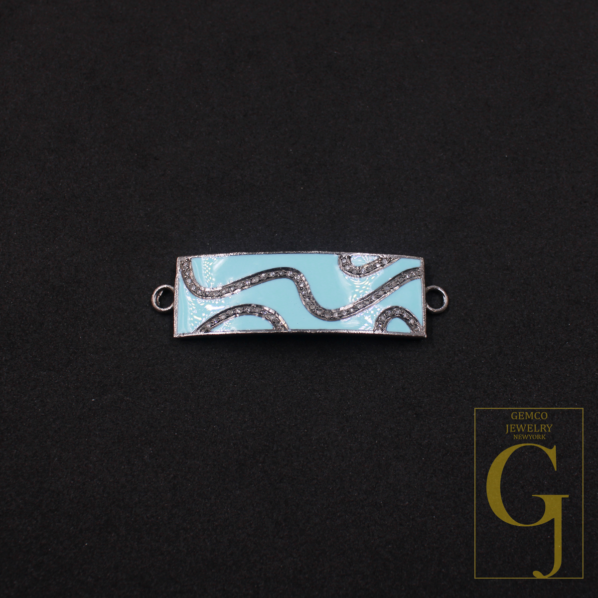 Designer Enamel Connector With Pave Diamonds - 925 Sterling Silver Handmade Finish For Jewelry Supplies