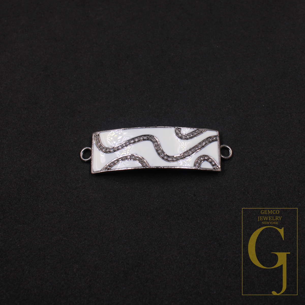 Designer Enamel Connector With Pave Diamonds - 925 Sterling Silver Handmade Finish For Jewelry Supplies