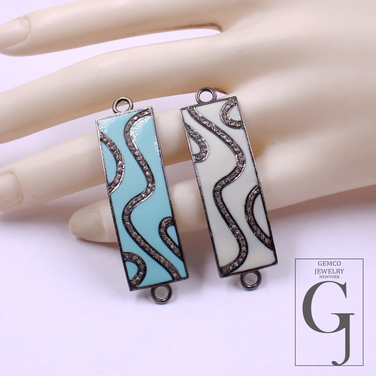 Designer Enamel Connector With Pave Diamonds - 925 Sterling Silver Handmade Finish For Jewelry Supplies