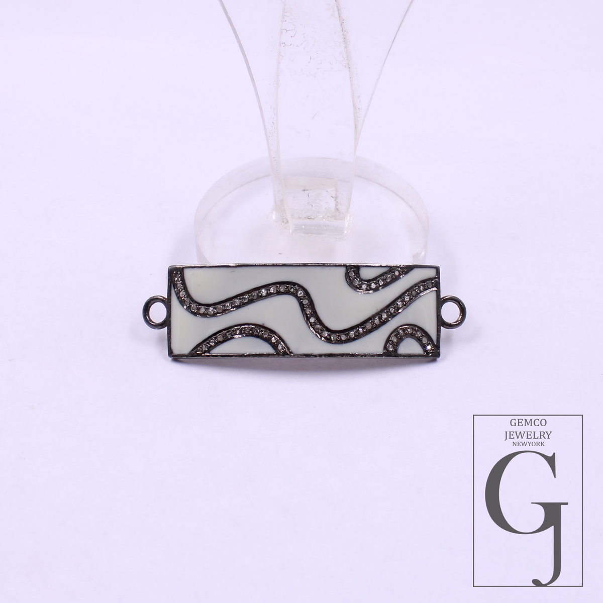 Designer Enamel Connector With Pave Diamonds - 925 Sterling Silver Handmade Finish For Jewelry Supplies